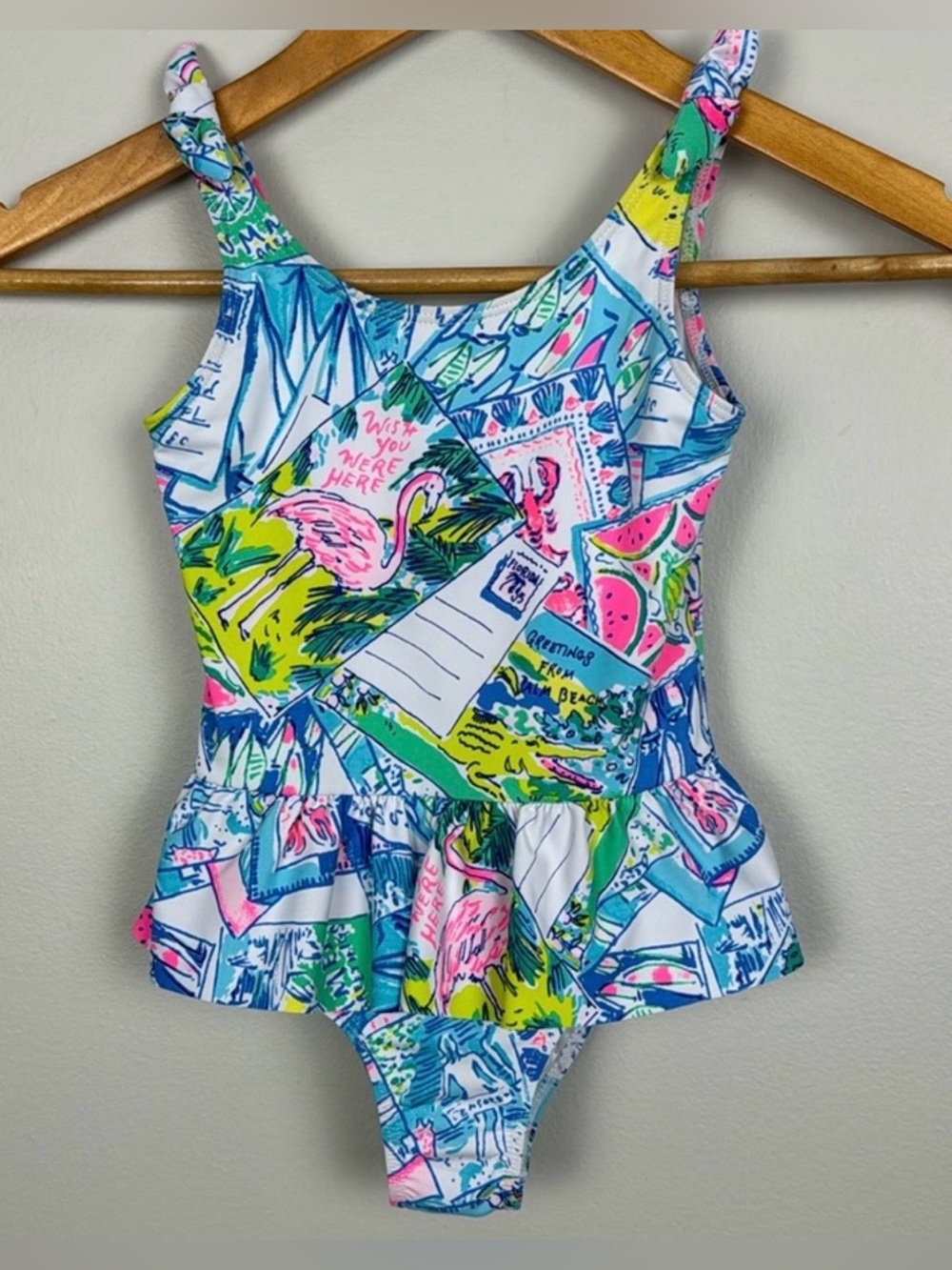 Lilly Pulitzer Girls One Piece Vossie Swimsuit- Wish You Were Here UPF Size 5